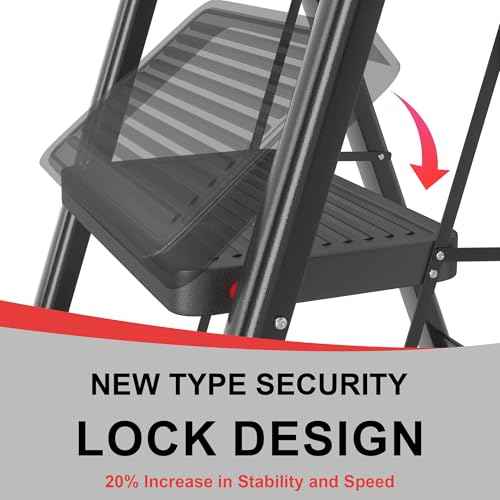 4 Step Ladder, DIAMONDFORGE Folding Step Stool with Wide Anti-Slip Pedal, Anti-Slip Feet and Handgrip, Sturdiest Steel Construction, Steel Ladder for Home, Black Red