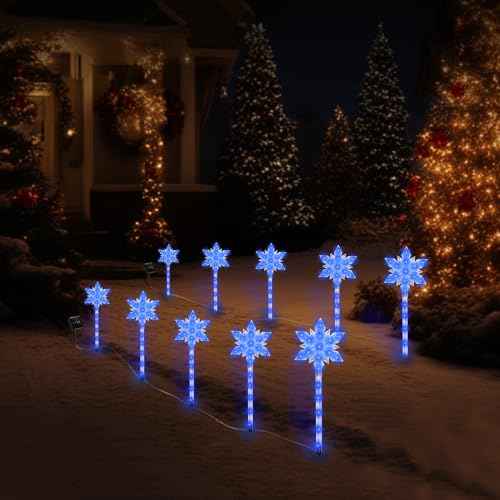 Snowflake Solar Christmas Pathway Lights, Set of 10 LED Outdoor Stake Lights, Waterproof Christmas Decorations for Garden, Yard, Lawn, Walkway, Patio Decor (10pcs Blue)