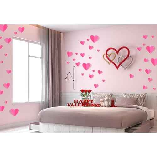 60 Pcs Valentines-Day-Wall-Decorations, 3D Heart Valentine Wall Stickers, Waterproof Wall Decals, for Wedding Anniversary Party Bedroom Home Office School Decor, 4 Different Sizes Pink