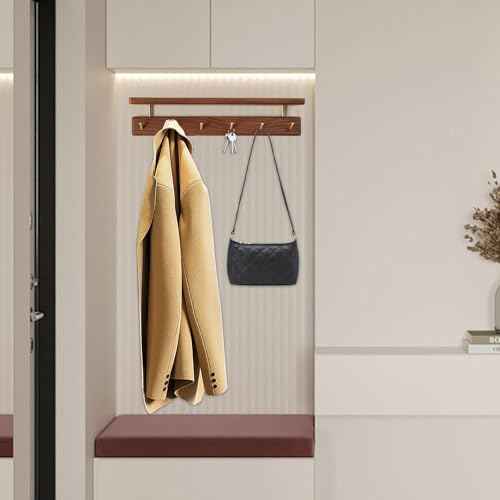 Solid Wood Shelf with Hooks, 19 inch Coat Rack Wall Mount, Shelves with 6 Brass Hooks for Hanging in Entryway, Living Room, Bathroom, Bedroom, Kitchen(Walnut)