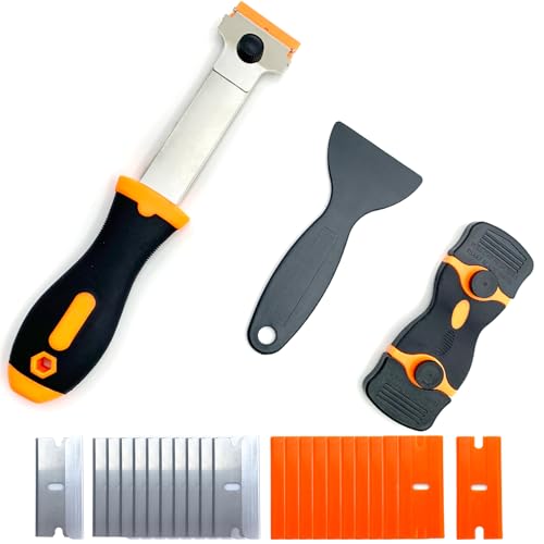 4 Pack Razor Blade Scraper Tool, Multi-Purpose Glass Scraper with 20 PCS Metal & Plastic Blades, Durable Cleaning Scraper for Windows, Stickers, Paint, Cooktops, and Adhesive Removal
