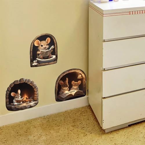 3PCS 3D Mouse Hole Wall Decals Peel and Stick ? Cute Cartoon Mice Reading and Relaxing, Decorative Vinyl Wall Stickers for Kids Room, Bedroom, Nursery, Book Nook, Door Corner or Baseboard Decor