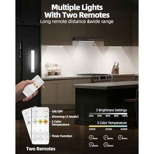 6Pack 16inch Under Cabinet Lighting, Rechargeable Motion Sensor Light Indoor, Wireless Remote Light, Dimmable 3 Color Temps Closet Lights, Under Counter LED Lights for Kitchen, Stairs
