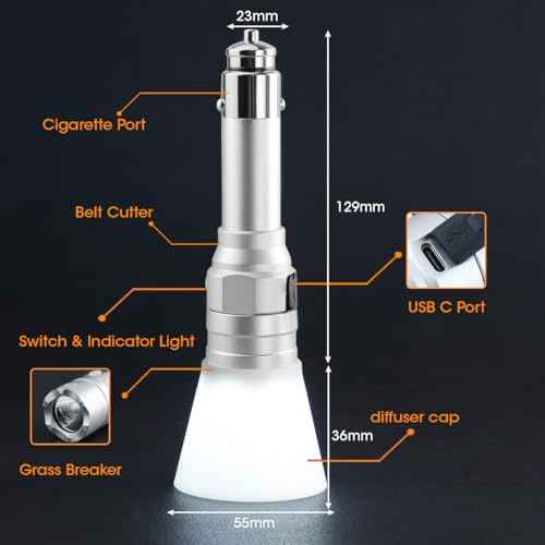 Small Flashlight Rechargeable with Diffuser 12 Volt Car Cigarette Lighter & USB C Charge for Auto Vehicles Emergency, Car Escape, Outdoors, Daily Use