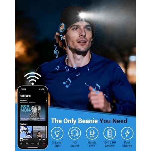 Bluetooth Beanie with a Light, Rechargeable Hat with 4 LED Headlamp & Headphones, Christmas Stocking Stuffers Gifts for Men