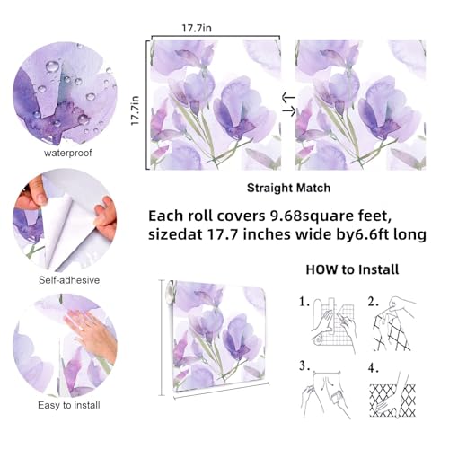 Large Floral Peel and Stick Wallpaper Modern Self-Adhesive Vinyl Contact Paper Removable & Renter-Friendly for Cabinets Drawers & Prepasted Lavender Wallpaper 17.7" x 78.7"