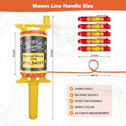 Mason Line String with Handle, #18 540 FT Braided Construction Nylon String Line, String Line Reel with 5 Built-in Levels for DIY and Gardening Work