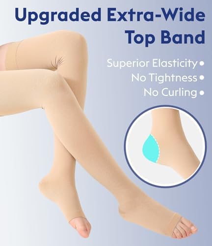 Thigh High Compression Stockings Toeless - Unisex, Opaque, KEKING 15-20mmHg Graduated Compression Leg Support Hose with Anti-Slip Silicone Band - Swelling, Varicose Veins, Edema, Travel,Beige 4X-Large