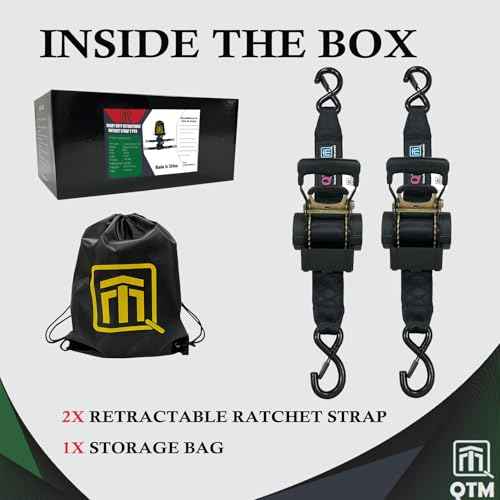 QTM Heavy Duty Retractable Ratchet Straps - 2 Inch X 10Feet, 4,400lbs Breaking Strength - Truck, Cargo Trailer, Motorcycle Tie Down Straps - 2 Pack with Bag (Black)