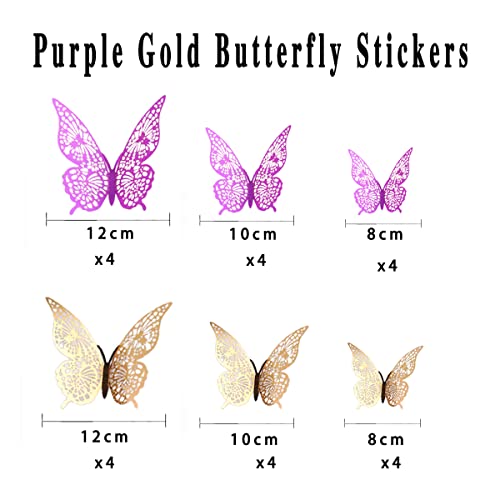 3D Purple Gold Butterfly Wall Stickers, 24 PCS 3 Sizes Butterfly Wall Decals, Removable Metallic Gold Wall Sticker Room Mural for Paper Art Party Cupcake Kids Bedroom Classroom Wedding Balloon Decors