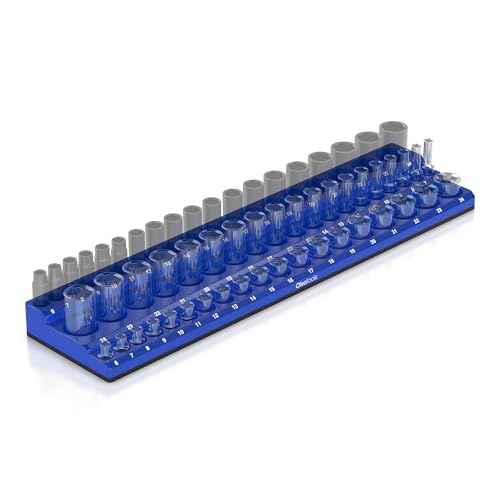 Olsa Tools Magnetic Socket Organizer (3/8-Inch Drive, 3 Row) - Magnetic Tool Organizer & Socket Holder - Tool Box Socket Organizers - Metric Blue - Holds 54 Sockets - Professional Grade - Part: 1556