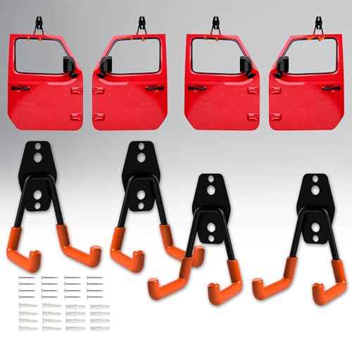 4PCS Door Storage Hanger Bracket with PVC Protective Sleeve, Jeep Door Hangers Compatible for 1956-2024 Jeep Wrangler CJ YJ TJ LJ JK JKU JL JLU JT, Removable Door Storage Holder with Screw