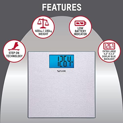 Taylor Digital Scales for Body Weight, Highly Accurate 400 LB Capacity, Unique Blue LCD, Auto on and Off Scale, 11.8 x 11.8Inches, Stainless Steel