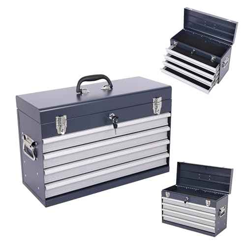 21-Inch Metal Tool Box with 4 Lockable Drawers, Portable Tool Chest Organizer for Mechanics & DIY | Auto-Locking System, Smooth Ball Bearing Slides, Durable Powder Coated Finish | EVA Padding