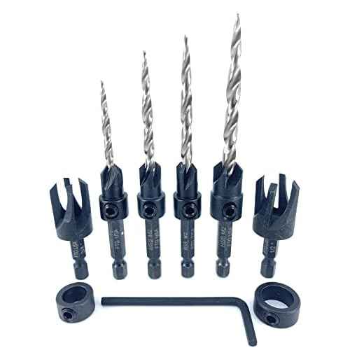 FTG USA Adjustable Wood Countersink Drill Bit Set #6#8#10#12 with Tapered Drill Bits for Woodworking