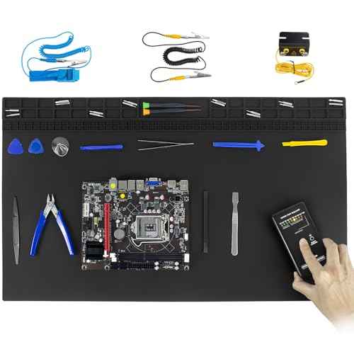Anti Static Soldering Mat, Extra Large 27.6" x 15.7" Heat Resistant 932¡ÆF Large Silicone ESD Safe Work Mat with Grounding Accessories and Anti Static Wrist Strap (Black)