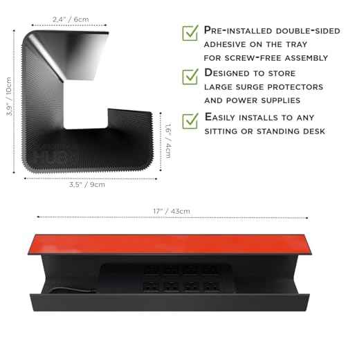 No-Screw Under Desk Cable Management Tray - Self-Adhesive Installation, Cord Management, Cable Tray, Under Desk Wire Organizer - Black Set of 4