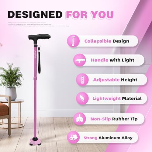 BigAlex Folding Walking Cane with LED Light, Lightweight Adjustable Canes for Women & Men, Free Standing Canes, Pivot Tip, Adjustable Travel Walking Aids with Carry Bag for Seniors Balance & Stability