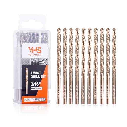3/16 Inch Cobalt Drill Bits (10pcs), M35 High Speed Steel, 135 Degree Tip, Jobber Length Twist Drill Bit Set for Hard Metal, Stainless Steel, Cast Iron, Wood and Plastic, with Storage Case