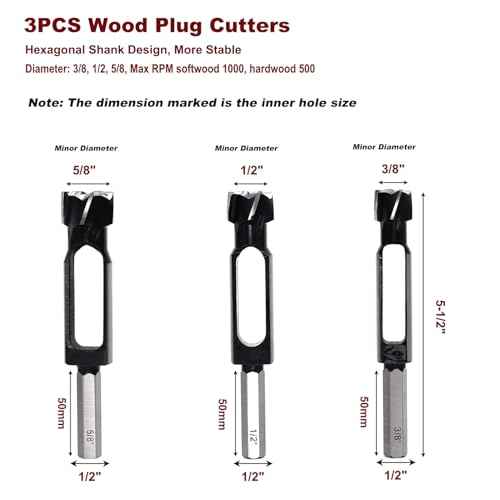 3PCS Wood Plug Cutters Set, Wood Tenon Maker Dowel Pocket Hole Plug Cutters, Woodworking Drill Bit, Suiatble for Making 3/8" 1/2" 5/8" Wood Dowel Pins- (Wood Plug Cutters)