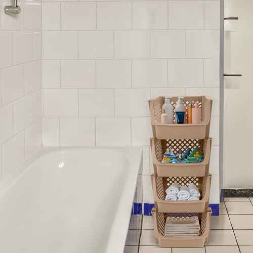 Plastic Stackable Storage Bins - 4pc Tan Closet Organizer Bins 28in Tall Big Plastic Boxes for Home and Kitchen