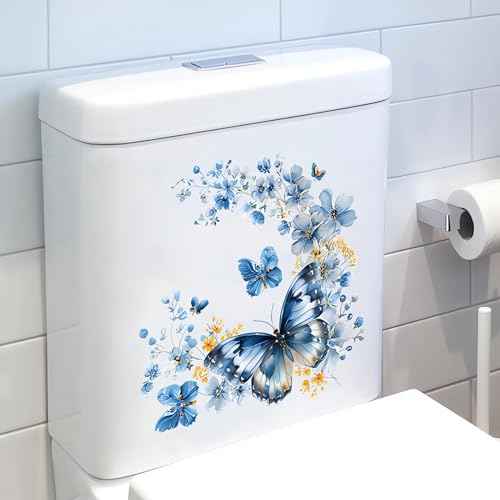 2 Sheets Blue Butterfly Flower Toilet Stickers, sacinora Butterflies Art Toilet Lid Decals Removable Vinyl Peel and Stick Wall Stickers for Bathroom Restroom WC Bathtubs Door Furniture Home Decoration