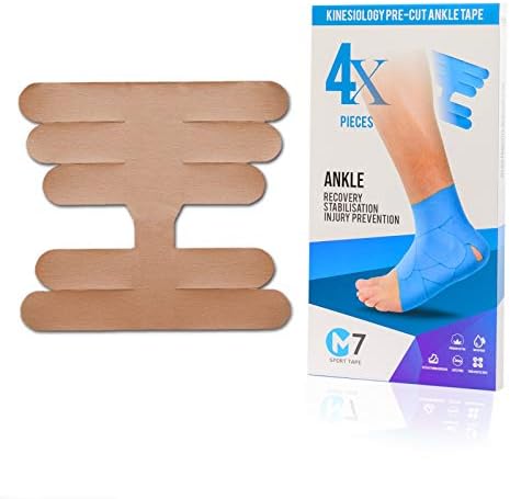 M7 Sport Kinesiology Ankle Tape for Ankle Sprain and Injury Recovery, Kt Tape for Ankle, Pain Relief Therapeutic Tape, Plantar Fasciitis, Waterproof, Eases Swelling (Beige, 4-Pack)