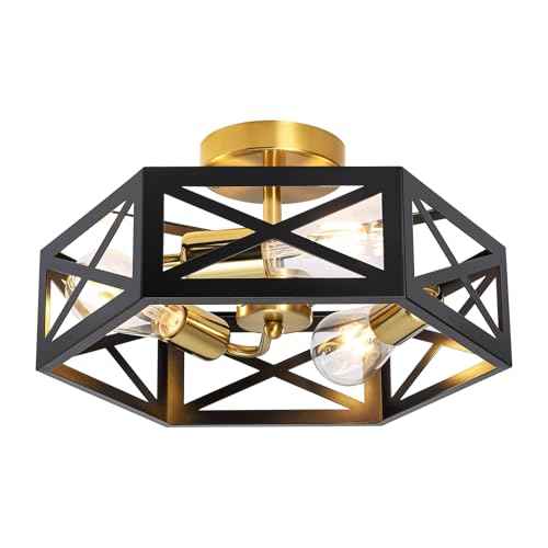Semi Flush Mount Ceiling Light, Black and Gold Light Fixtures Ceiling Mount with Hexagon Cage, Metal Industrial Close to Ceiling Light for Hallway, Kitchen, Bedroom (Black and Gold, 14.56''L)
