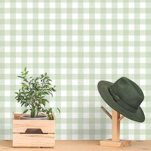 Cohoo Home Green Plaid Peel and Stick Wallpaper Boho Plaid Contact Paper for Cabinet Green Checkered Geinham Contact Paper Self Adhesive Removable Wallpaper Bathroom Nursery Waterproof 17.3inW 78.7inL