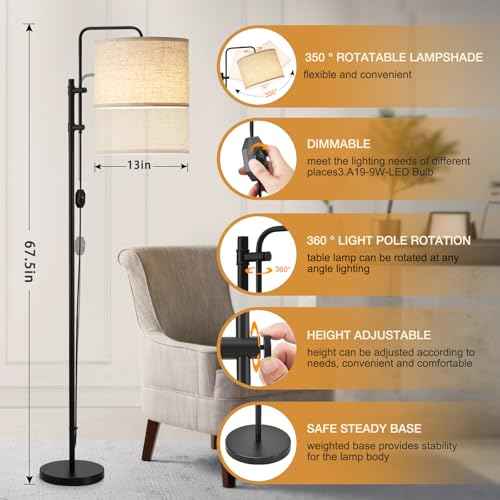 GyroVu Floor Lamp for Living Room, Adjustable Height Standing Lamps with 350¡Æ Rotate Beige Lampshade, 67.5-Inch Modern Tall Lamp Dimmable Floor Lamps for Corner Bedroom Home Office (Bulb Included)