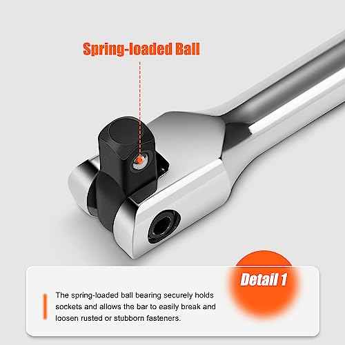 3/8'' Drive Breaker Bar, 10 Inches Long Extension Breaker Bar with 180-Degree Cr-V Flex Head and Engraved Non-slip Handle, Polished Finish, Home Use Socket Wrench