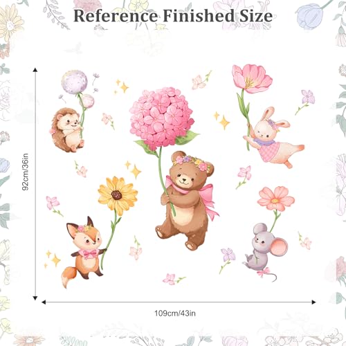 Pink Cartoon Animal Wall Decals, Bear Squirrel Rabbit Holding Flowers Flying Wall Stickers Peel and Stick Wall Decal Self Adhesive Wall Art Sticker for Girls Baby Nursery Kids Room Home Decor