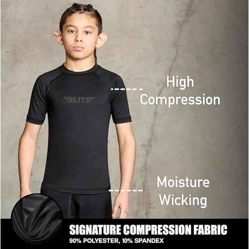 Elite Sports Kids Jiu Jitsu BJJ Rash Guard, Short Half Sleeve Compression Shirt for Youth Boys Girls Sports Nogi Training