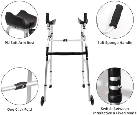 Stand Up Walker with Bearing Wheels - Height Adjustable Standard Walkers with Armrest Pad, Foldable Walker for Seniors, Elderly, Aluminum Platform Walkers with Small Bag, Silver