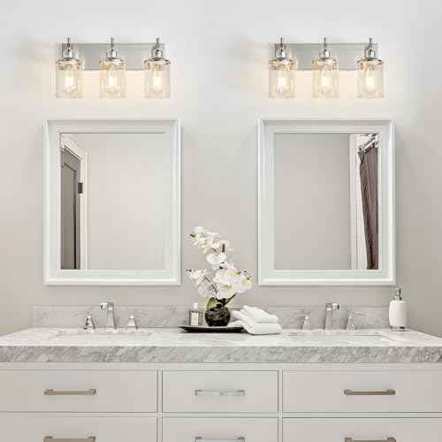 3-Light Brushed Nickel Bathroom Light Fixture Over Mirror Modern Bathroom Vanity Light Vintage Wall Lighting with Clear Glass Shade for Bathroom, Bedroom, Hallway, Cabinet