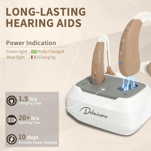 Hearing Aids for Seniors, Rechargeable Hearing Amplifiers for Seniors with Noise Cancelling, Delmicure Hearing Amplifiers for Adults with Adjustable Volume& Charging Base, Brown