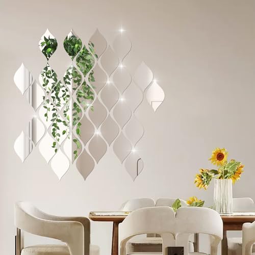 [Buy One Get Five] Acrylic Mirror Wall Stickers, 3D Teardrop Removable DIY Teardrop Peel and Stick Mirror Wall Decal Set for Living Room Bathroom Home Office Background Decorations (Silver)