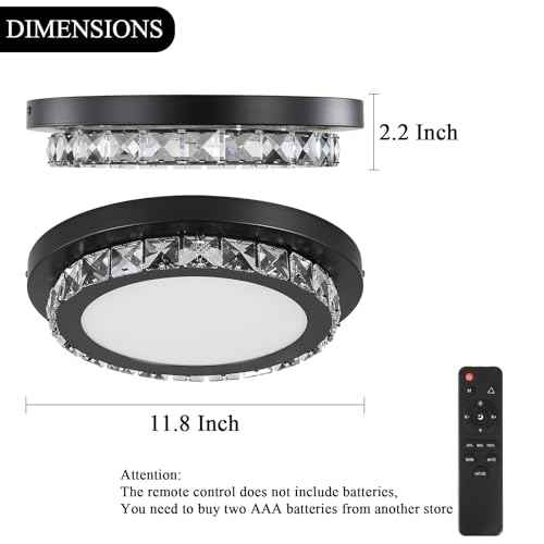 Dimmable LED Flush Mount Ceiling Light Fixture with Remote Control,12Inch 24W 3000K-6500K Color Adjustable,Modern Black Crystal Flush Mount Chandelier Ceiling Lamp for Bedroom Kitchen
