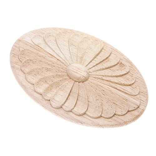 MUXSAM 1Pc Simple Unpainted Solid Wood Carved Oval Flower Pattern Door Central Applique Onlay Decal for Furniture 14.5x10cm