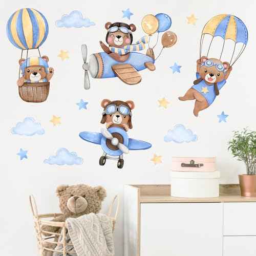 Yovkky Airplane Hot Balloon Bear Wall Decals Stickers, Blue Flying Animal Aircraft Neutral Toddlers Nursery Decor, Cloud Stars Home Decorations Kids Baby Bedroom Playroom Classroom Art