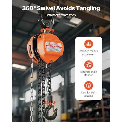 VEVOR Hand Chain Hoist, 1 Ton 2200 lbs Capacity, Manual Chain Block with Upgrade G80 Galvanized Chain, 10 ft Lifting Height, Heavy Duty Pulley Hoist for Garage Warehouse Automotive Machinery, Orange