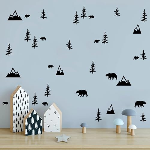 Wilderness Wall Decals Mountains Bears Trees Wall Stickers Vinyl Wall Art for Kids Room Nursery Decor Y93 (Black)