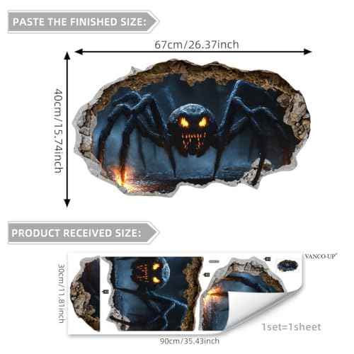 3D Halloween Spider Wall Decal, Giant Scary Spider Wall Sticker, 26.37x15.74 inches, Spooky Home Decoration
