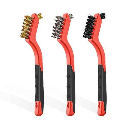 MAXMAN Wire Brush Set 3Pcs, Small Wire Brushes for Cleaning, Rust Remover, Scrub Brush, Detailing Brush, Metal Brush, Stainless Steel/ Brass/ Nylon Bristles Bristle Brush, Scratch Brush, (Red)