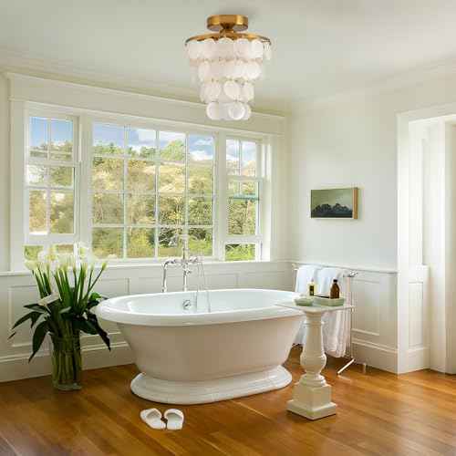 Capiz Shell Ceiling Light Fixture Modern Gold Semi Flush Mount Ceiling Lights 11.8Inch Small Chandelier for Entryway Bedroom