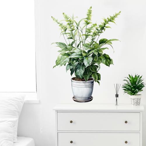 Green Leaves Potted Plant Wall Stickers for Living Room Nature Wall Decal Peel and Stick Wall Art Home Decor Decoration for Bedroom Bathroom Classroom Library Nursery