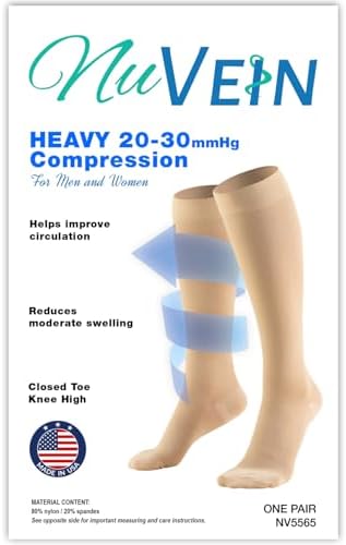 NuVein Medical Compression Stockings, 20-30 mmHg Support for Women & Men, Knee Length, Closed Toe, White, Large