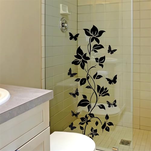Black Vine Flower Butterfly Wall Stickers, sacinora Simplicity Floral Art Wall Decals Removable Vinyl Peel and Stick for Bathroom Living Room Bedroom Home Decorations
