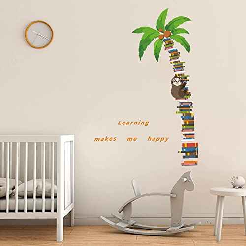 IARTTOP Coconut Tree Sloth Wall Decal Book Tree Sloth Wall Sticker Large Book Tree Wall Stickers for Bedroom Study Room Living Room Decoration