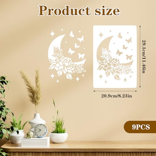 9 Pcs Reusable Stencils for Painting Template Sun Star Moon Tile Walls Floor Creative Drawing Stencil for DIY Craft on Patio Wood Wall Furniture Home Decor Rectangular Style